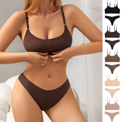 Seamless thin large size underwear set small breast size exaggerating bra T-shaped beauty back adjustable wireless bra