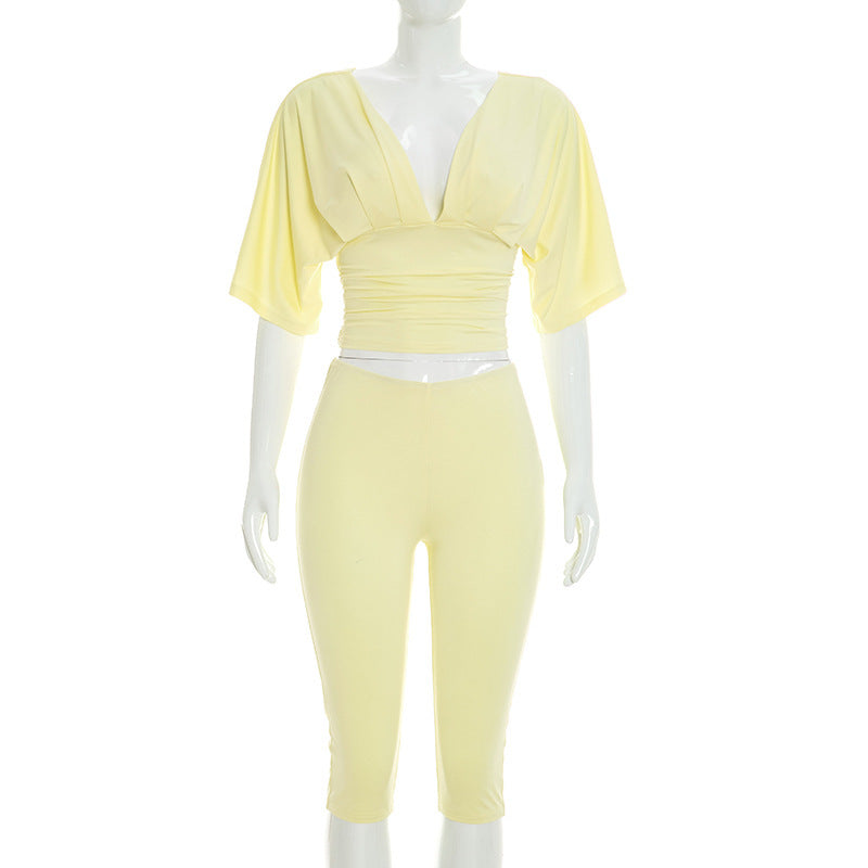 DZHT J26ST224V collar pleated half sleeve top tight cropped pants two-piece suit