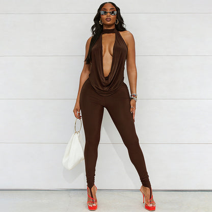 DZHT J26ST020 halter backless lace-up swing collar top toe ring pants two-piece suit