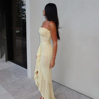 DLS ruffled stitching tube top sheath slit dress