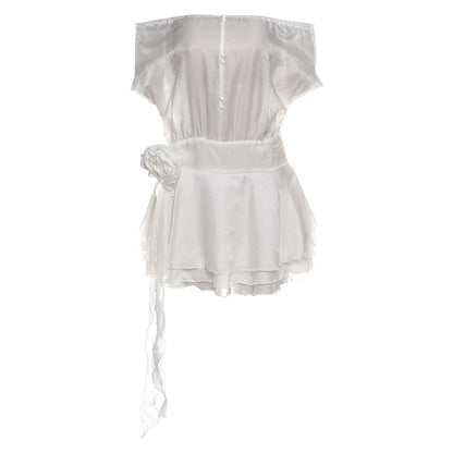 SXR autumn net yarn flowers fitted waist backless off-the-shoulder jumpsuit short skirt