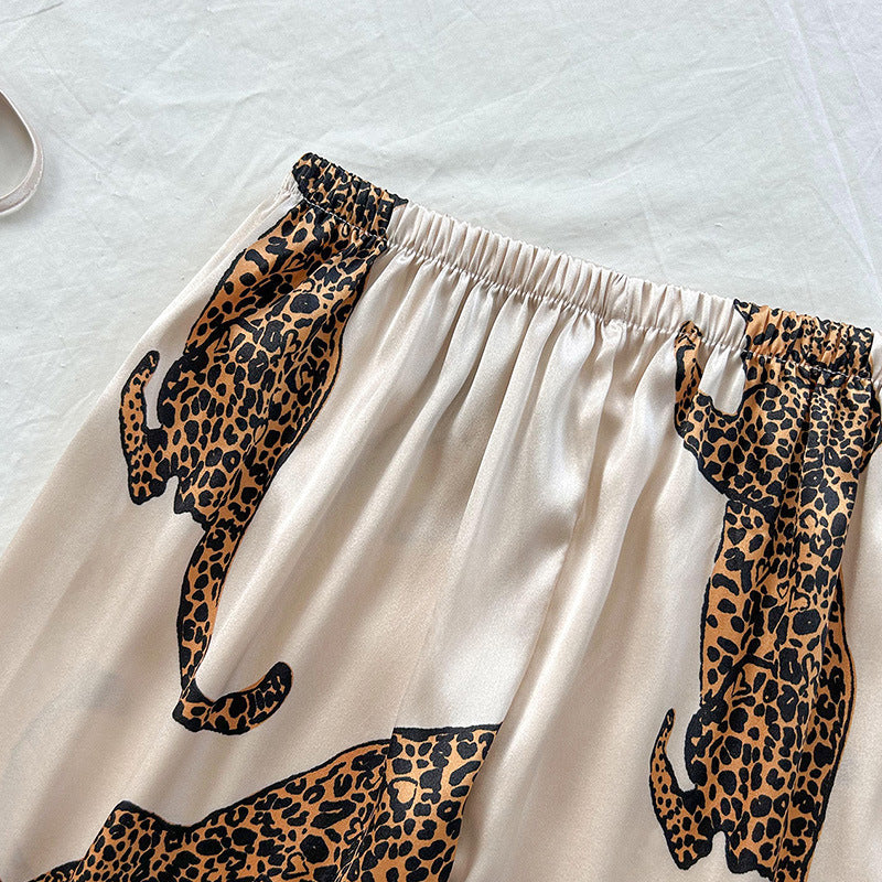 (S-XL) DNL pajamas leopard print suspender trousers suit imitated silk pajamas suit