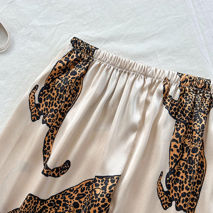 (S-XL) DNL pajamas leopard print suspender trousers suit imitated silk pajamas suit
