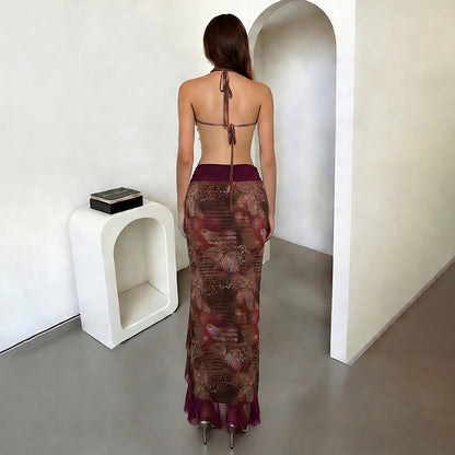 SXR 2026 spring flower bead necklace sexy halter chest wrap irregular long dress suit
