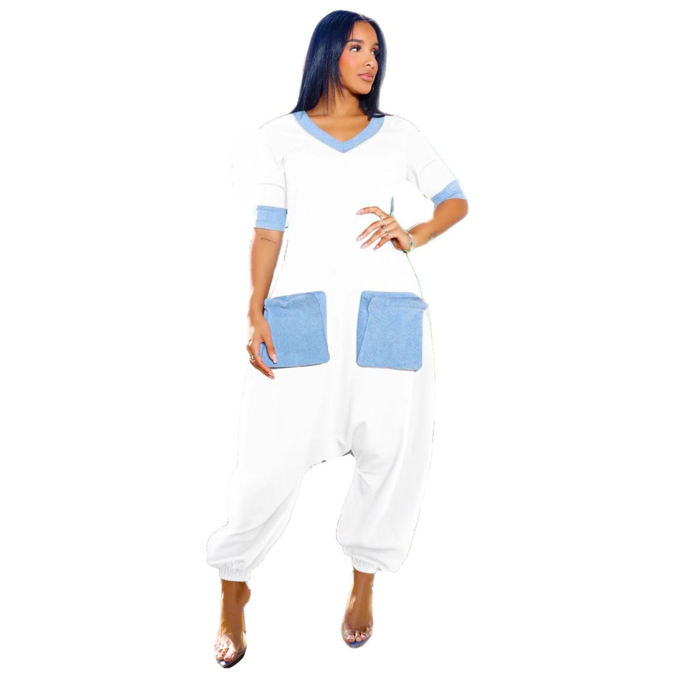 GY (S-3XL) K3600 V-Neck Denim stitching contrast color loose jumpsuit