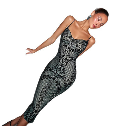 DLS Strappy low-cut backless print back slit slim-fit sexy dress