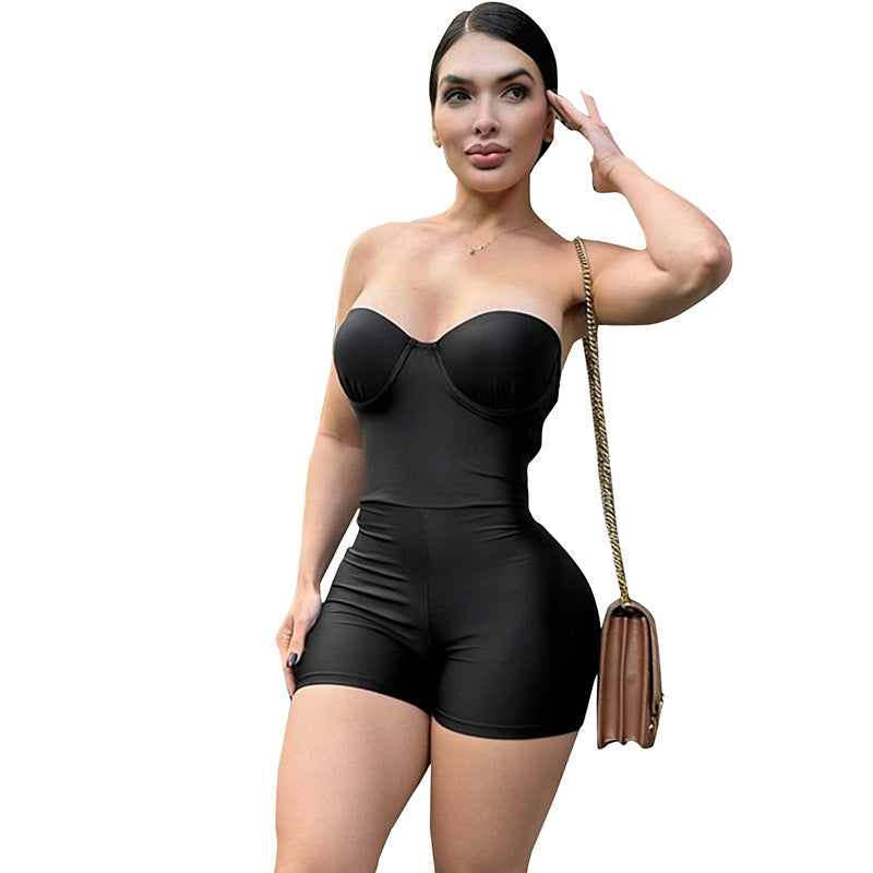 DZHT D25RP583 tube top backless tight one-piece shorts