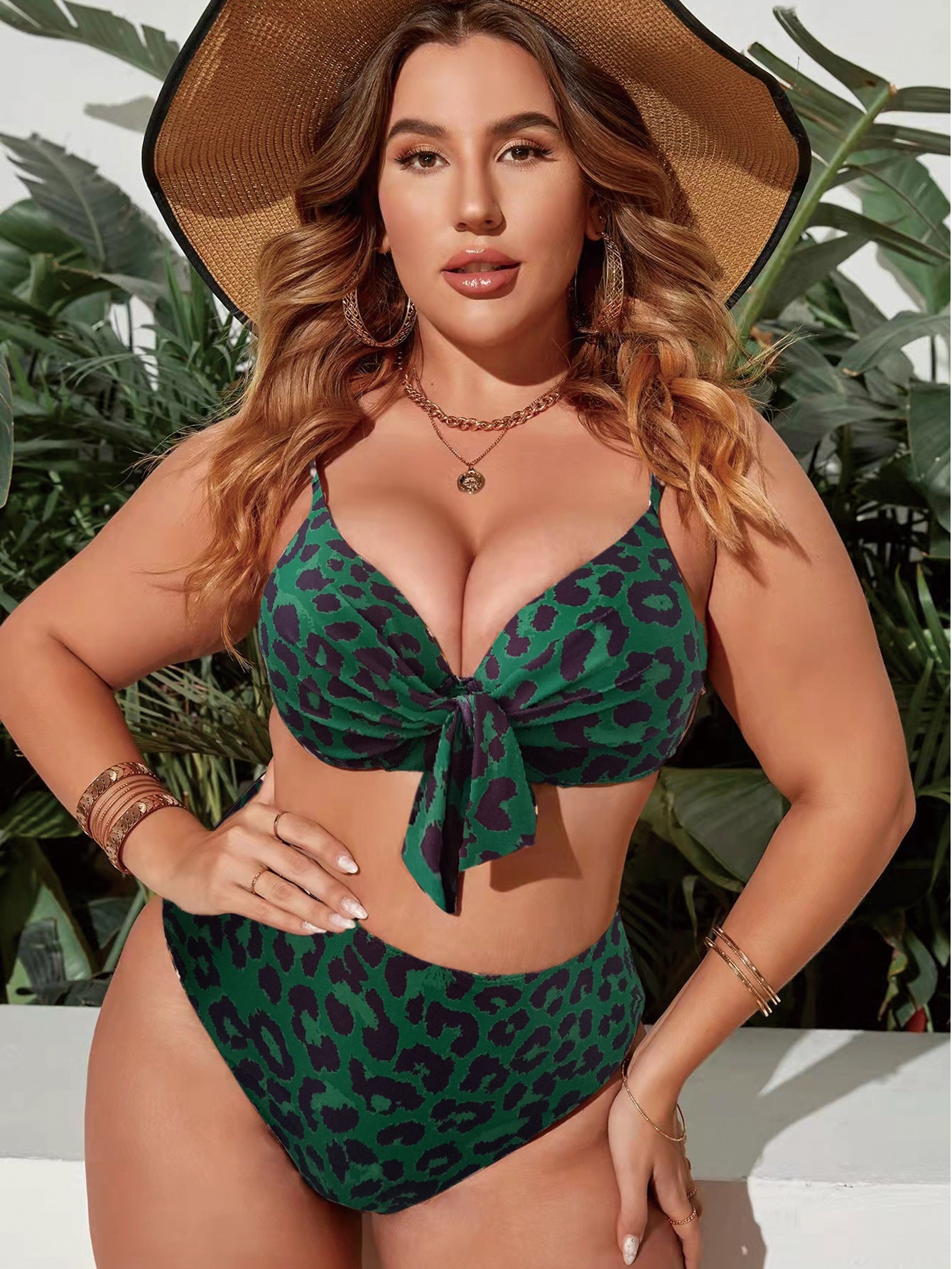 LF (L-4XL) women's split color printing swimsuit plus size