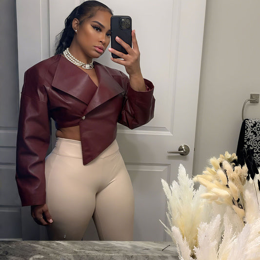 SXR summer fashion waist-controlled navel PU leather solid color casual jacket