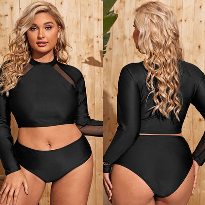 LF (L-4XL) women's split solid color black sexy swimsuit plus size