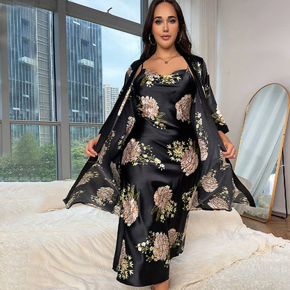 DNL plus size long artificial silk night skirt suit loose printed pajamas