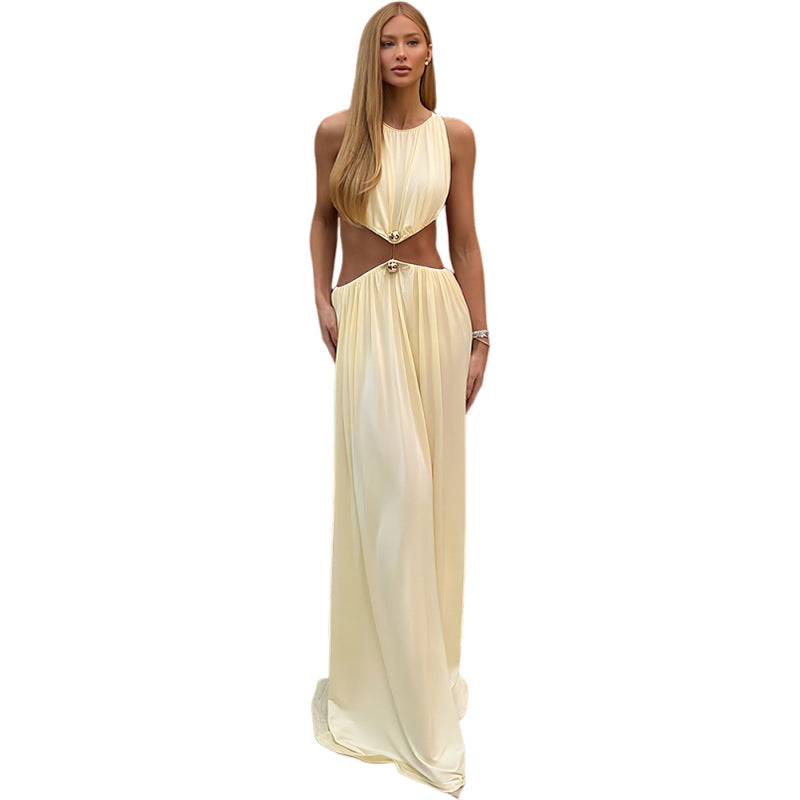SXR autumn fashion midriff outfit long dress round neck sleeveless solid color dress