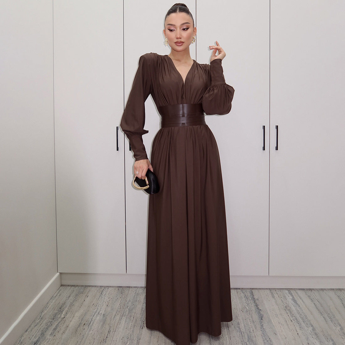 SXR autumn and winter French retro waist seal V-neck long sleeve loose dress
