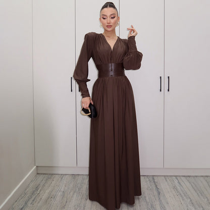 SXR autumn and winter French retro waist seal V-neck long sleeve loose dress