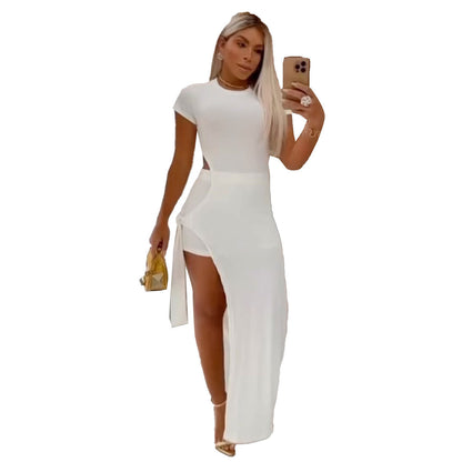 GY (S-3XL) S10757 hollow-out tight split lace-up midi dress two-piece set