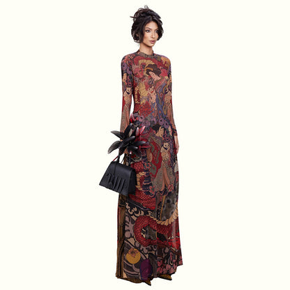 DLS Spring crew neck personality printed waist-controlled slim and tall looking split long top