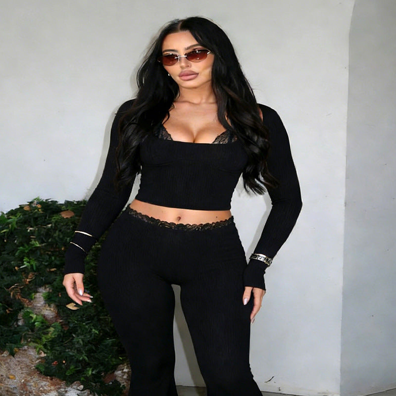 SXR spring slim-fitting sexy midriff-baring top lace trim bootcut pants suit
