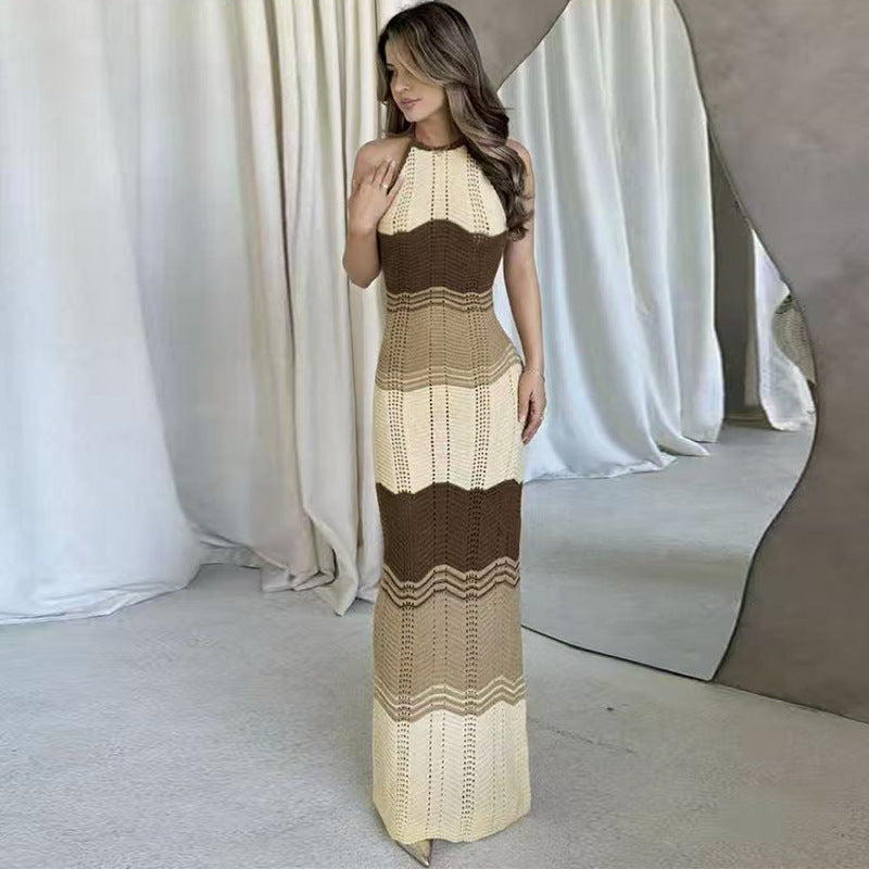 CYB contrast color striped texture beach dress halter sheath knitted dress blouse