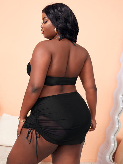 LF (L-4XL) women's split solid color black swimsuit plus size