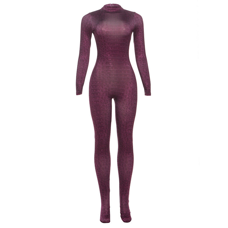 SXR fall winter fashion printed turtleneck long sleeve high waist jumpsuit