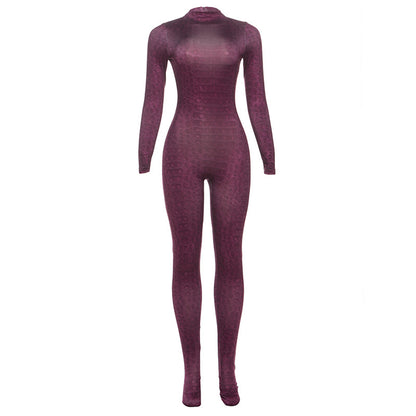 SXR fall winter fashion printed turtleneck long sleeve high waist jumpsuit