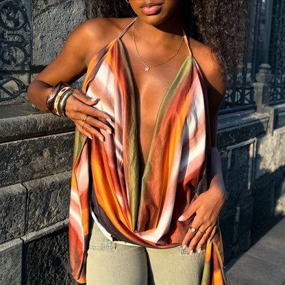 DZHT Y26TP227 fashion multi-color printed halter strap swing collar top