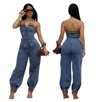 MZ (S-2XL) tube top denim MZ88669 tube top stretch trousers suit