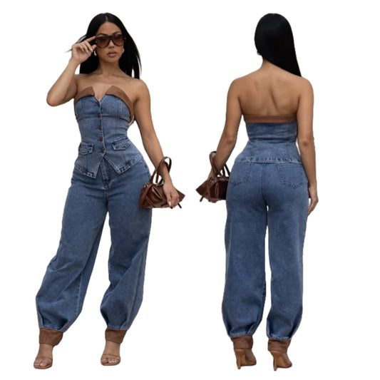 MZ (S-2XL) tube top denim MZ88669 tube top stretch trousers suit
