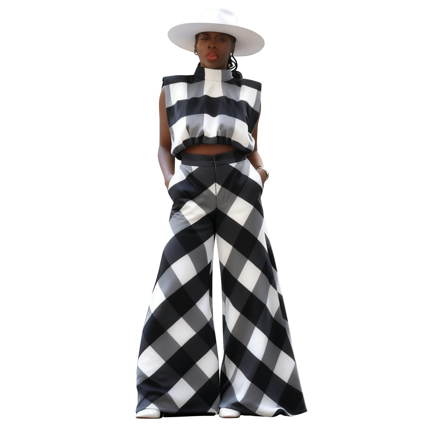 MYF (S-2XL) 10950 suede plaid loose wide leg pants sleeveless suit