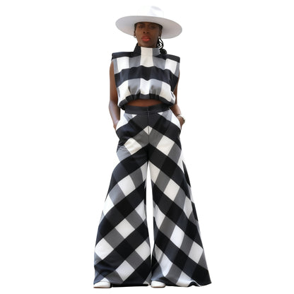 MYF (S-2XL) 10950 suede plaid loose wide leg pants sleeveless suit