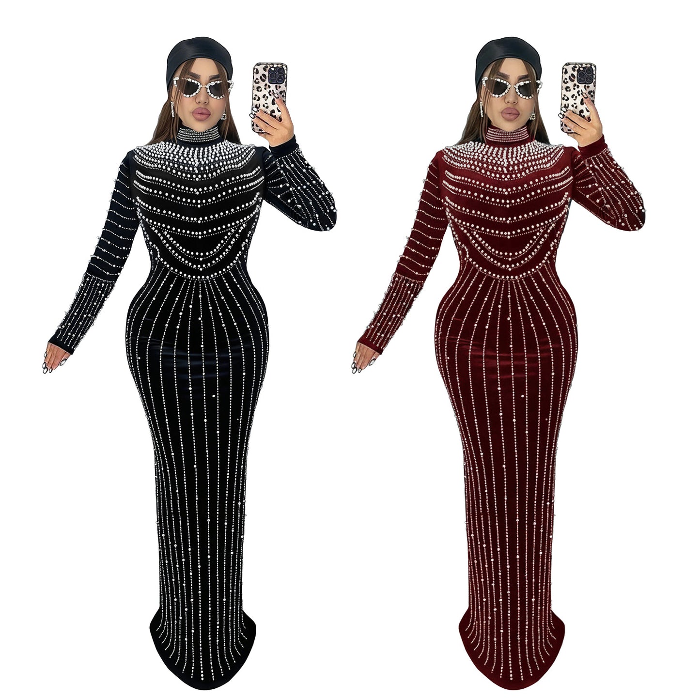 XYZ C7617 elegant velvet rhinestone long sleeve dress