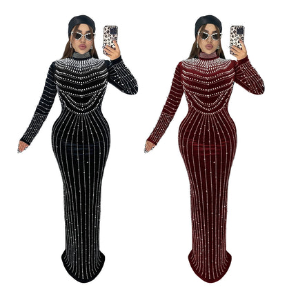 XYZ C7617 elegant velvet rhinestone long sleeve dress