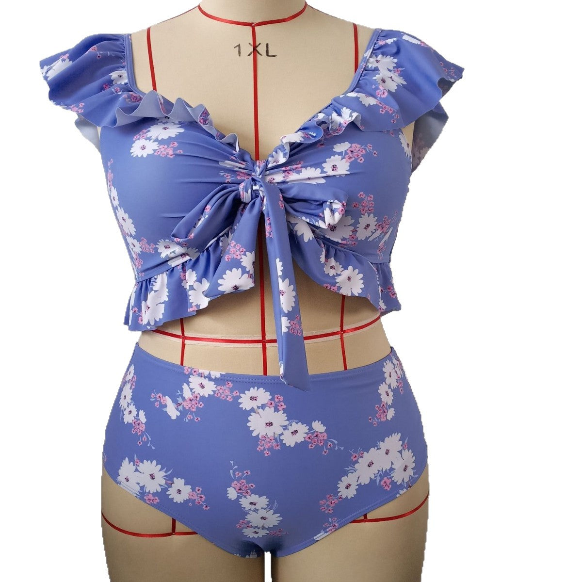 LF (L-4XL) 2026 swimsuit women's split shoulder hanging large size printing