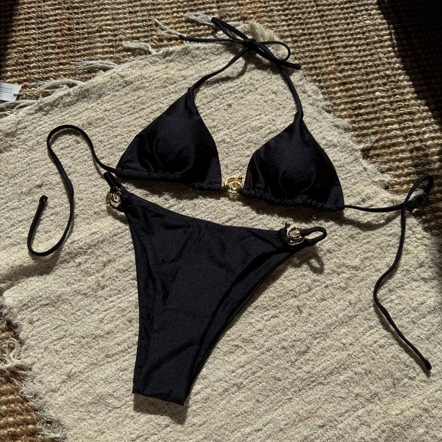 (4 days ready to ship) SY nylon light metal ring lace-up backless split swimsuit bikini