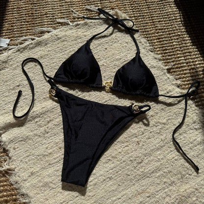 (4 days ready to ship) SY nylon light metal ring lace-up backless split swimsuit bikini