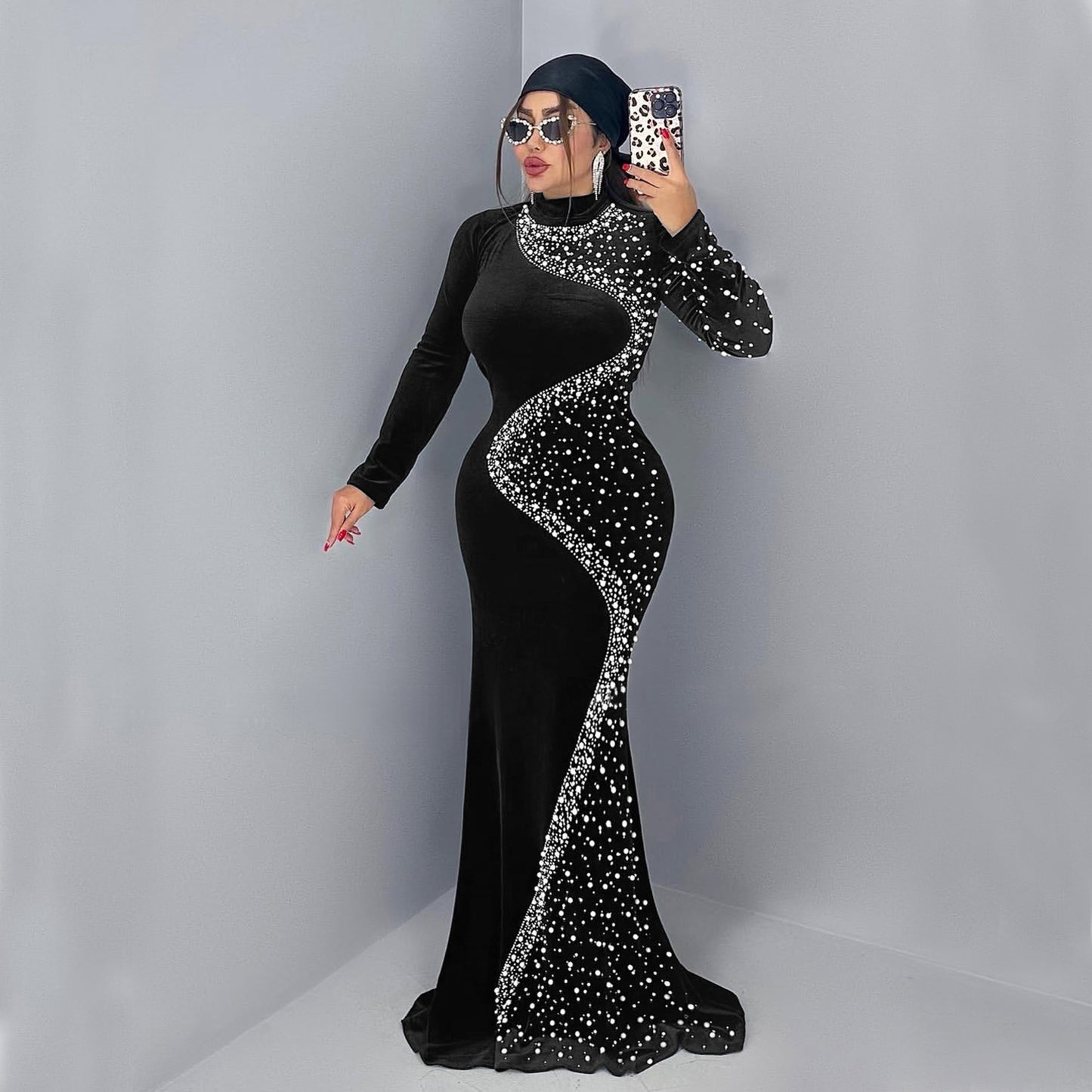 XYZ C7616 elegant velvet rhinestone dress