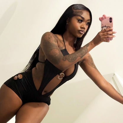 DZHT D26RP003 spring ring hollow-out halter bare back one-piece shorts