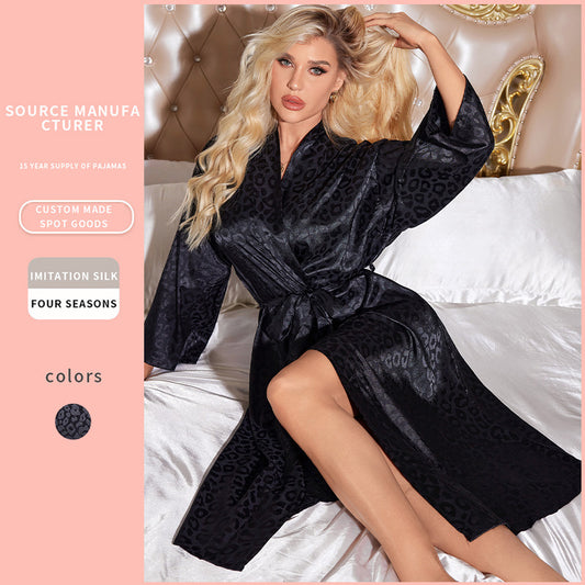 DNL long sleeve nightgown lace-up morning gowns cardigan pajamas ice silk bathrobe