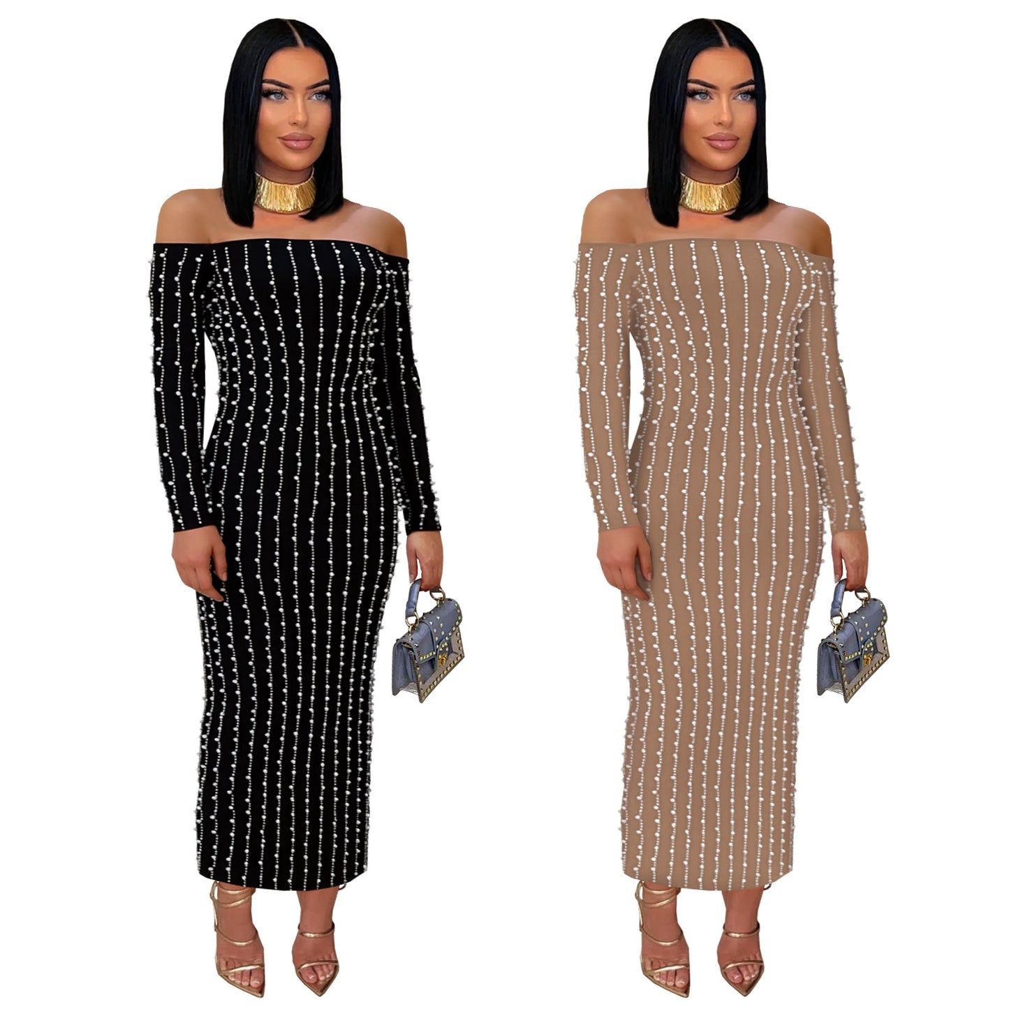 XYZ C7419 elegant long sleeve tube top rhinestone arm covering dress