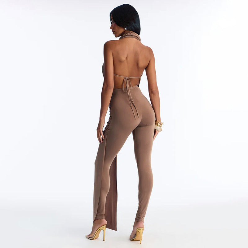 DZHT Q26JP051 backless sleeveless deep V-neck solid color slim-fit halter one-piece trousers
