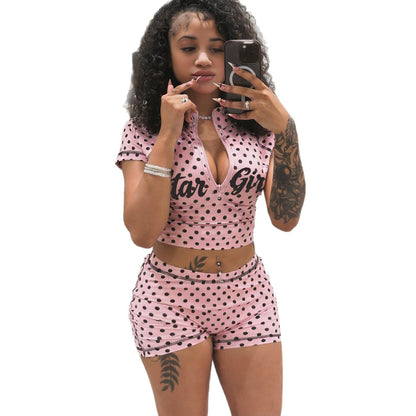 DLS summer polka dot print half collar zipper short top low waisted shorts suit