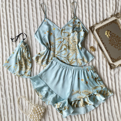 DNL spring imitated silk pajamas two-piece printed shorts suit suspender skirt
