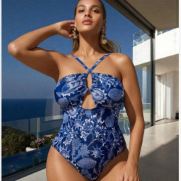 CL (L-4XL) women's Siamese plus size neckline Hollow Cross cross sexy swimsuit