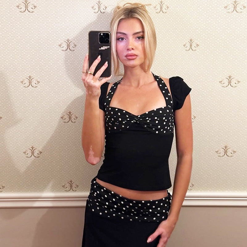 SXR K6S07660A polka dot halter short sleeve vest slim-fit sheath dress suit