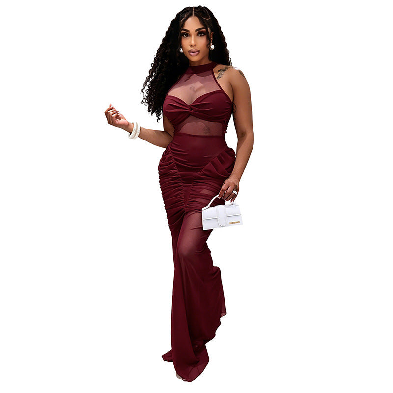 DZHT D26DS180 mesh stitching see-through sleeveless twisted pleated dress
