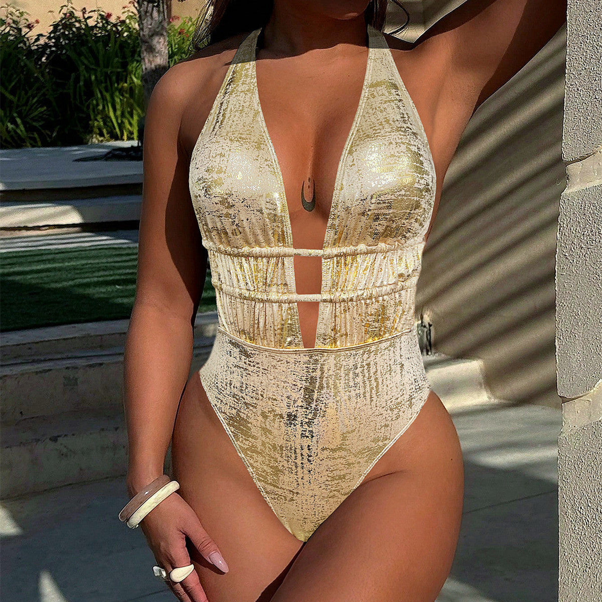 XM deep collar hollow out one piece swimsuit G325WY