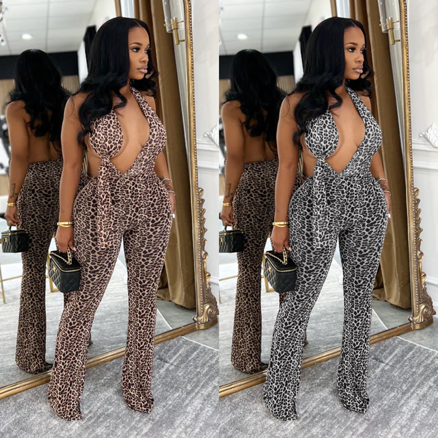 XYZ C7495 leopard print neck-Hanging Bag arm jumpsuit