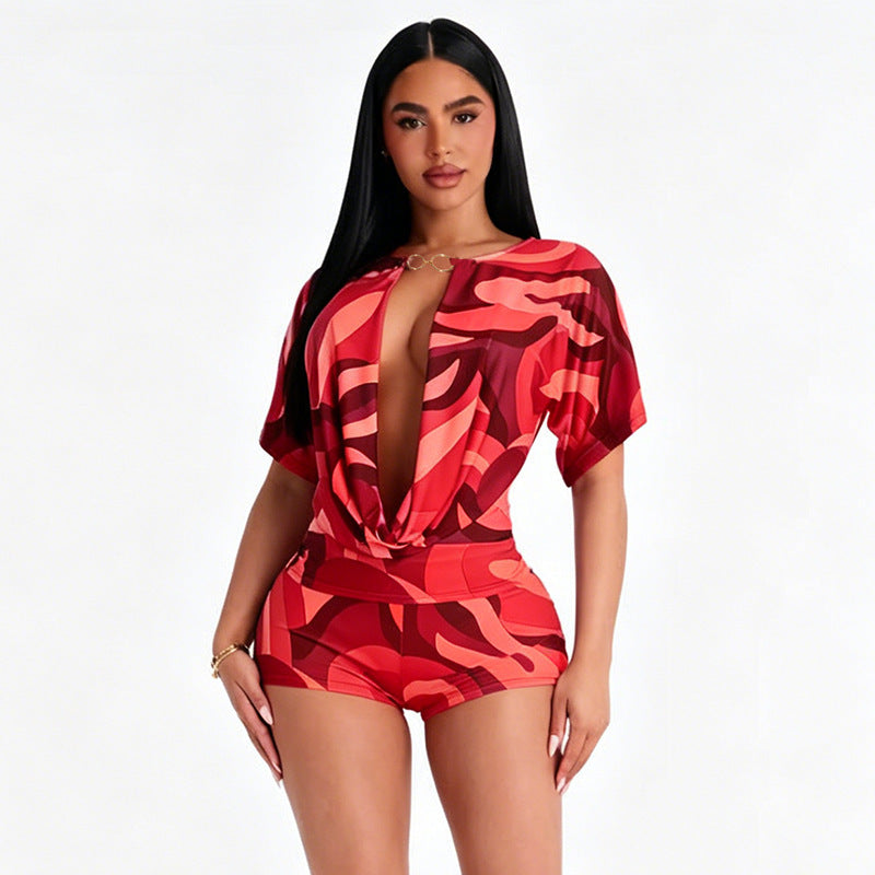 DZHT J26ST245 personalized print holiday slim-fit short-sleeved shorts suit