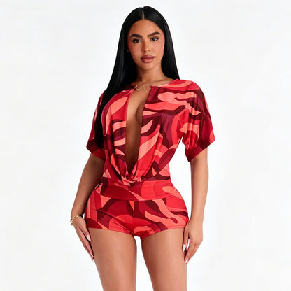 DZHT J26ST245 personalized print holiday slim-fit short-sleeved shorts suit