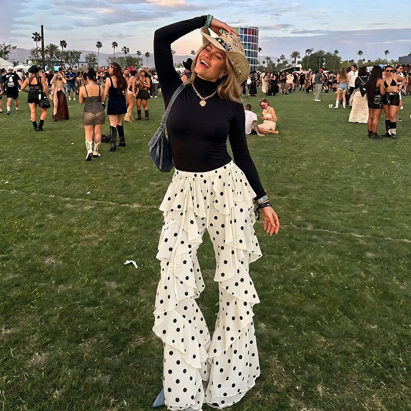 DLS lace-up stitching polka dot printed ruffled bootcut pants